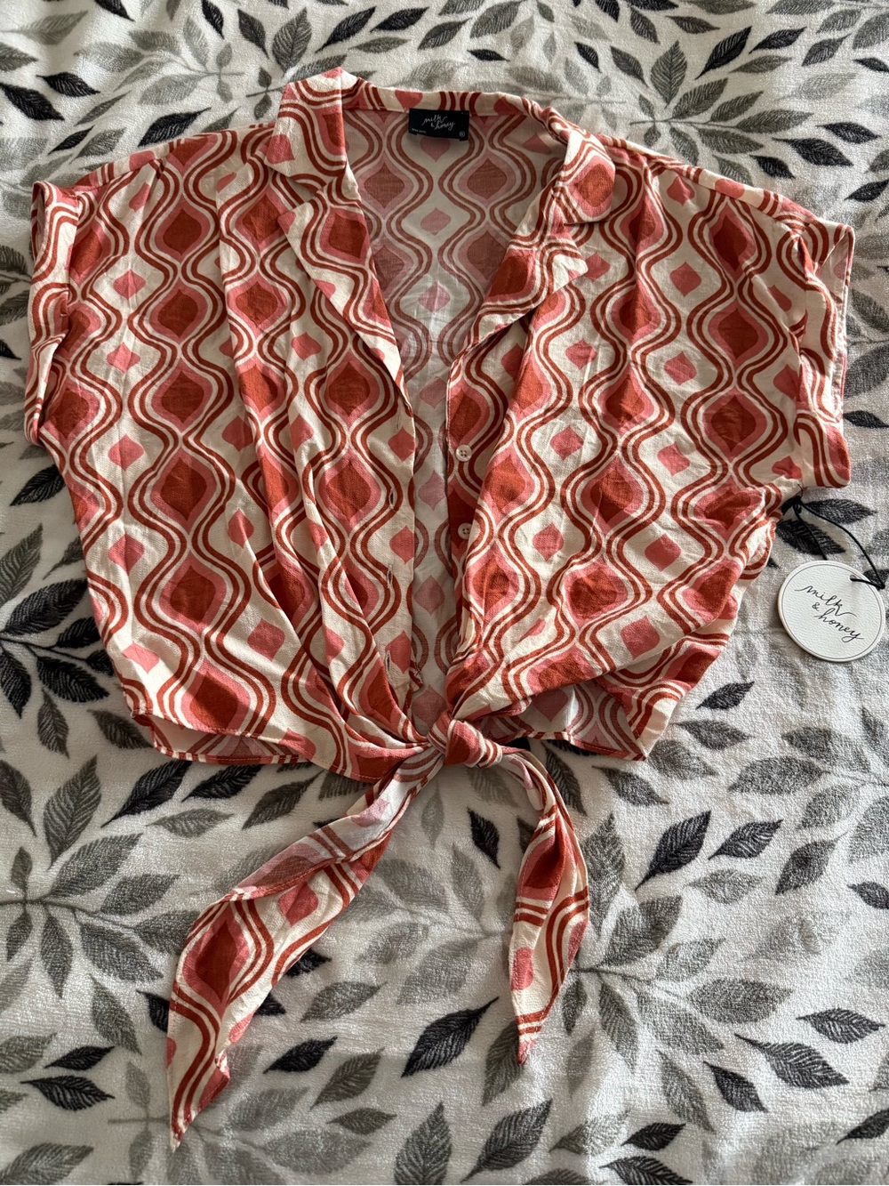 Coral Geometric Tie-Front Crop Top